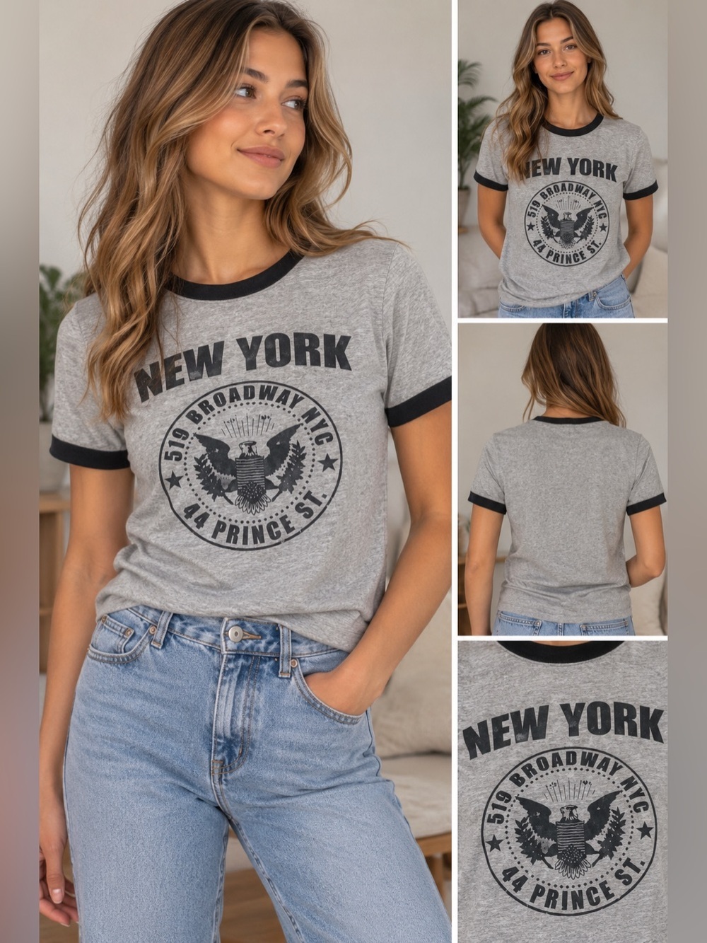 Brandy Melville New York Graphic Ringer Tee - Gray & Black